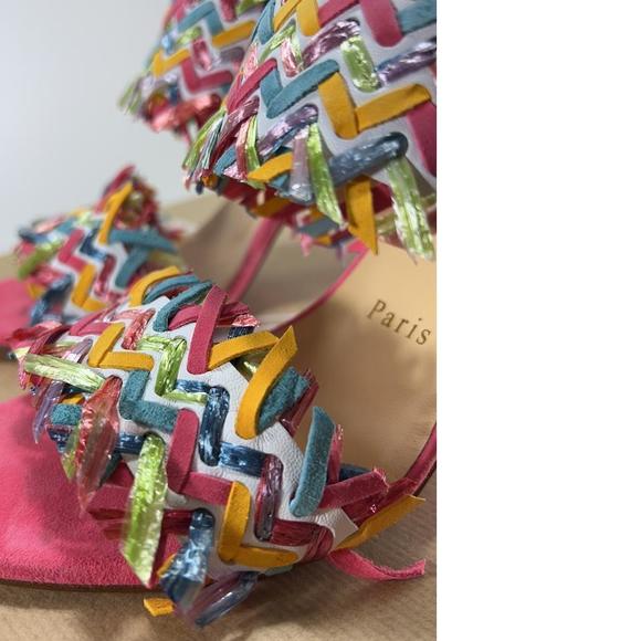 Meroine Pink Rainbow Woven 85mm raffia fringe heels mules D972 - Picture 6 of 11